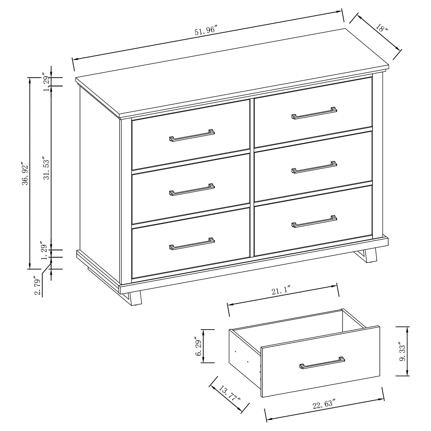 Festivo FDR22226 52" Bedroom Dresser with 6 Drawers-White